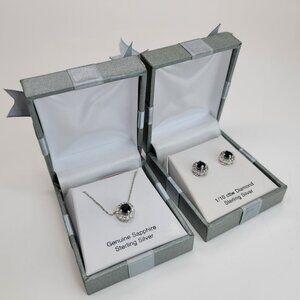 Sterling Silver Blue Sapphire & Diamond Necklace & Earrings Sept Birthstone DH1